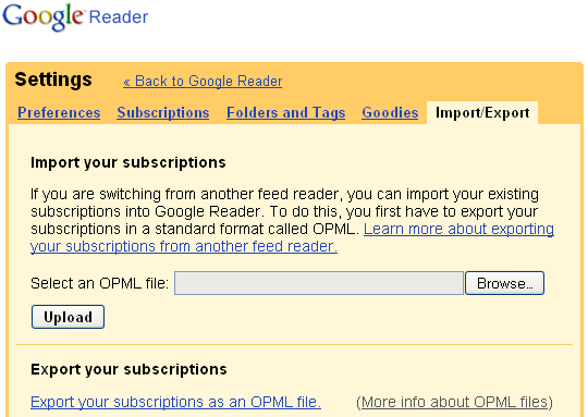 Figure 3: Google Reader interface for OPML import/export