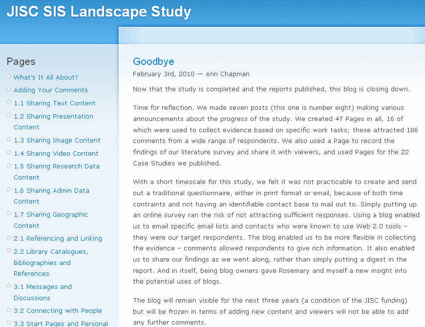 Figure 1: Announcement of the Closure of the JISC SIS Landscape Study Blog