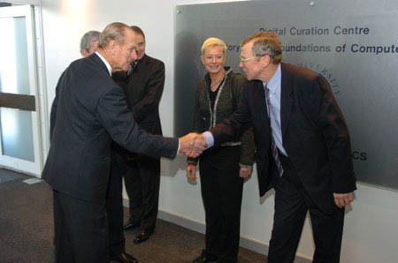 photo (27KB): HRH Prince Philip, Chancellor of Edinburgh University, meets Melvyn Cornish, University Secretary, during his visit to the DCC in February. (Photo courtesy of University of Edinburgh and Douglas Robertson Photography).