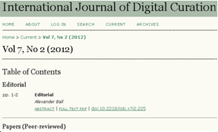 International Journal of Digital Curation, Vol 7, No 2 (2012) International Journal of Digital Curation, Vol 7, No 2 (2012)