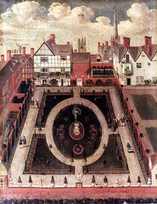 Formal garden on Dogpole, Shrewsbury. c.1710. Oil painting. Artist unknown.