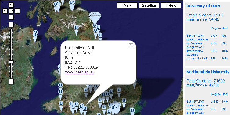 Figure 2: A Google Maps Mashup Showing Location and Data About UK Universities