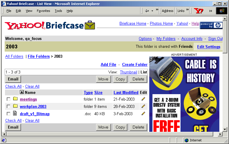 Figure 1: The MyYahoo briefcase