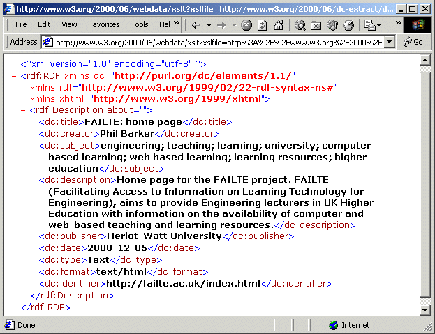 Figure 1: Internet Explorer Display Of Dublin Core Metadata Represented In RDF