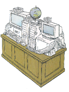 a desk full of computer equipment