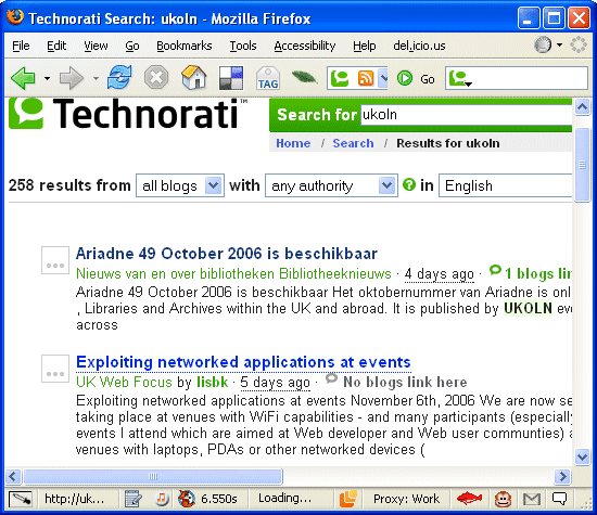Image showing position of 'UKOLN' in Technorati search engine.