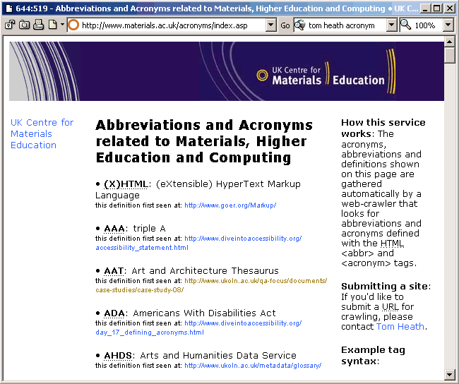 Figure 2: The Glossary Produced By Harvesting <ABBR> and <ACRONYM> Elements