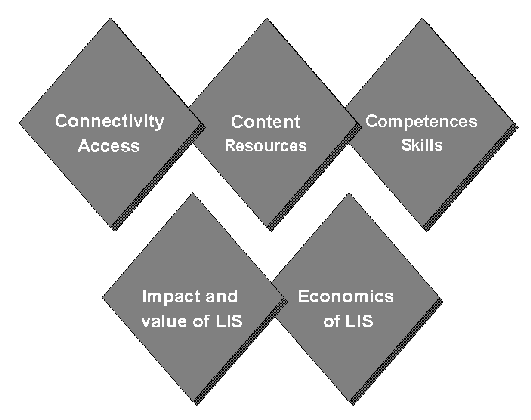Connectivity Access; Content resources; Competences Skills; Impact and Value of LIS; 
Economics of LIS