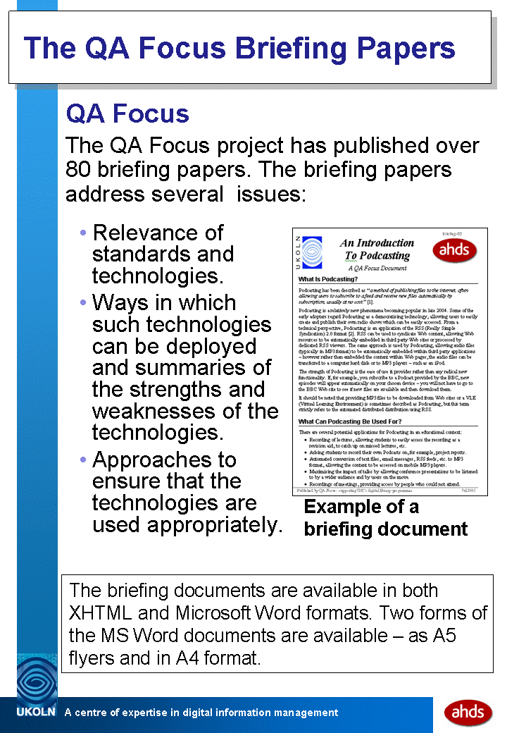 Slide 3: About the QA Focus Briefing Papers
