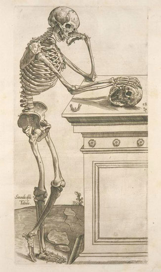 Skeleton leaning against a desk and thinking