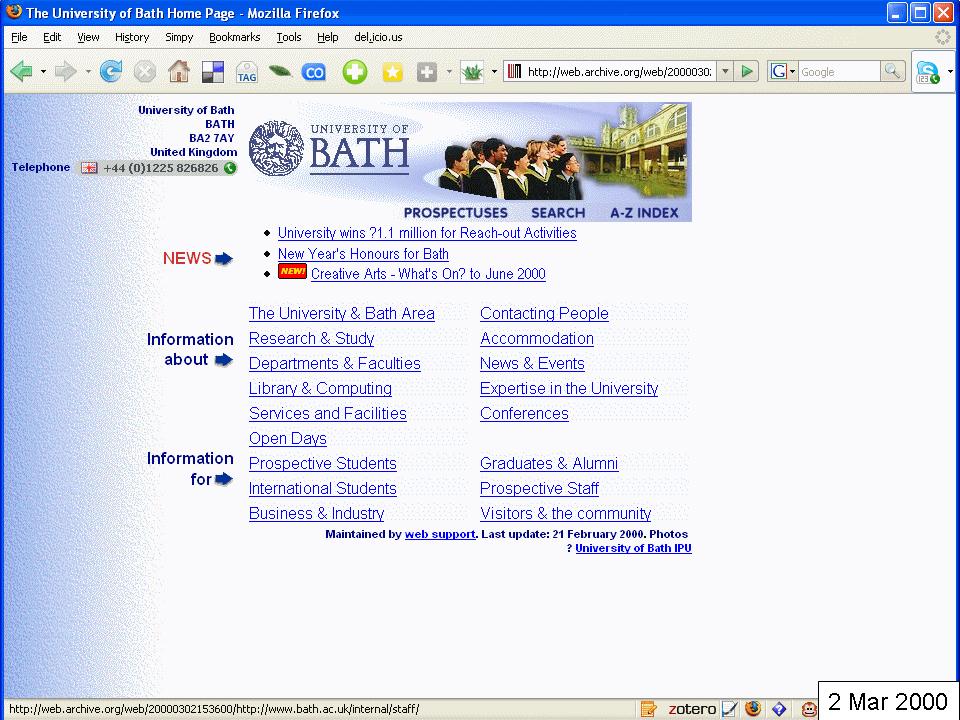 University of Bath home page, Jan 2000