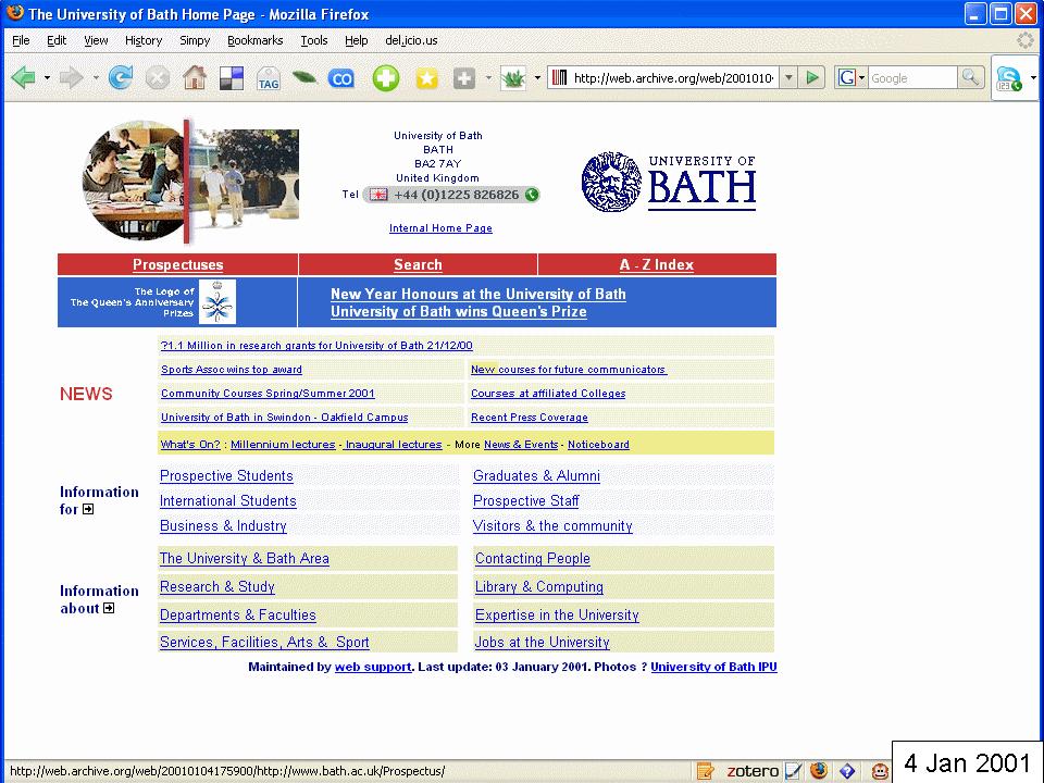 University of Bath home page, Jan 2001